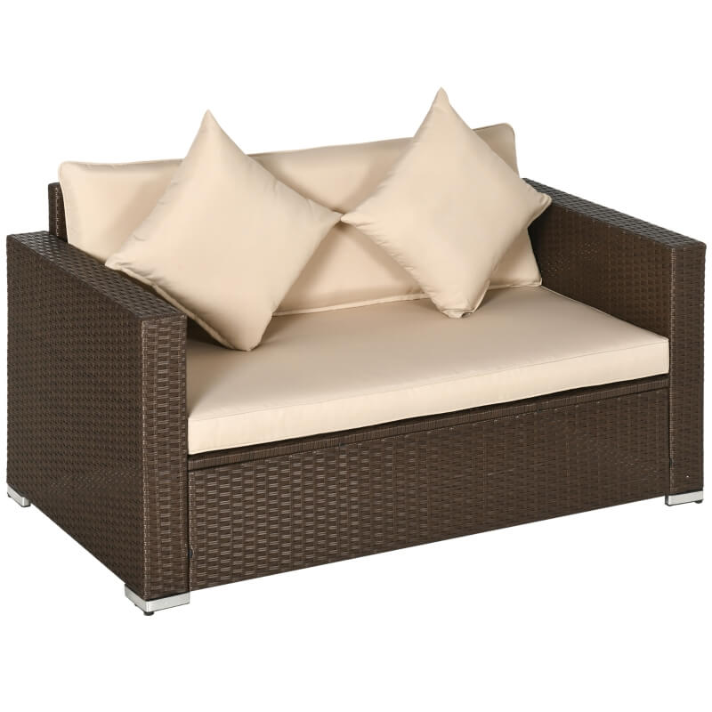 Close-up of the PE rattan texture on the beige loveseat