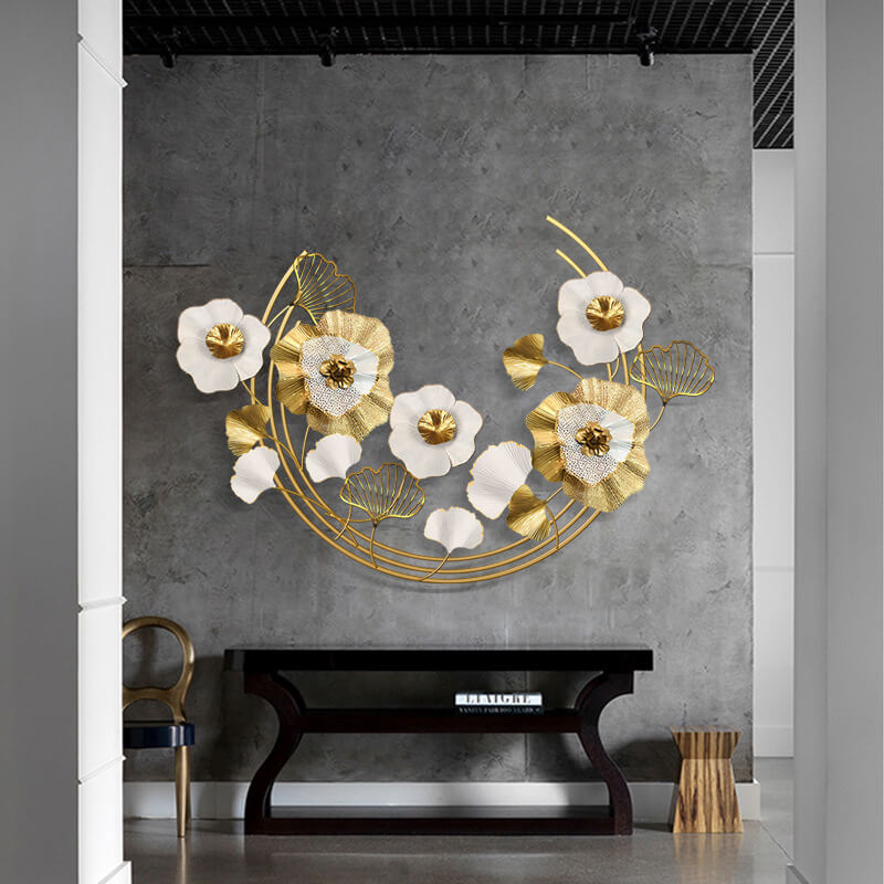 Close-up of colorful floral metal wall art showcasing intricate petals and curves.