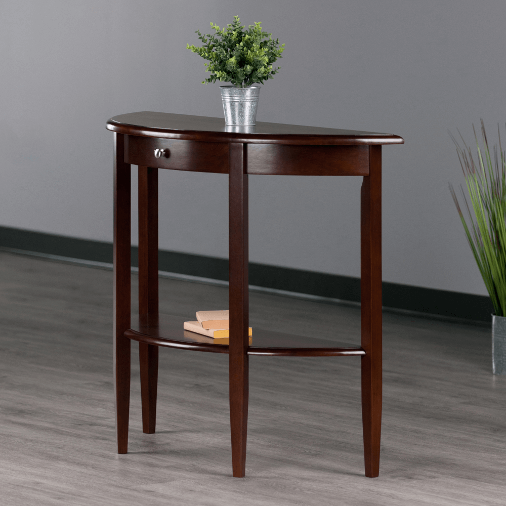 Elegant half moon console table in a bright entryway, showcasing its drawer and shelf.