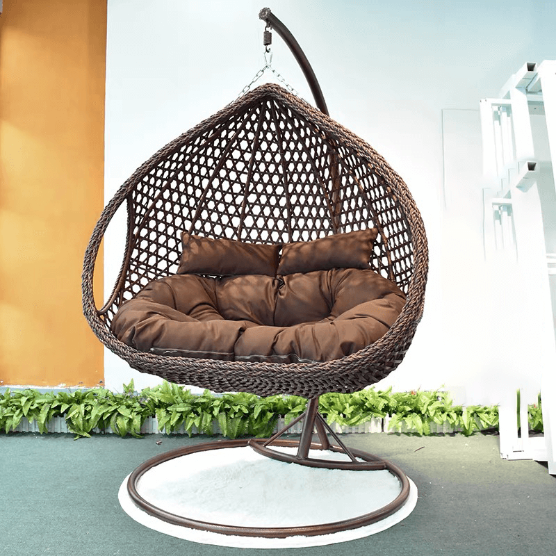 close-up of the rattan weave on the swing chair showcasing its durability