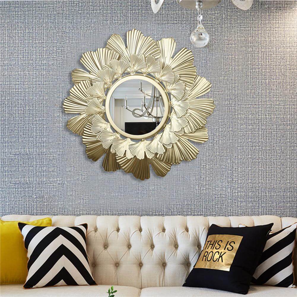 Side view of the elegant round embossed decorative wall mirror showcasing its detailed design.