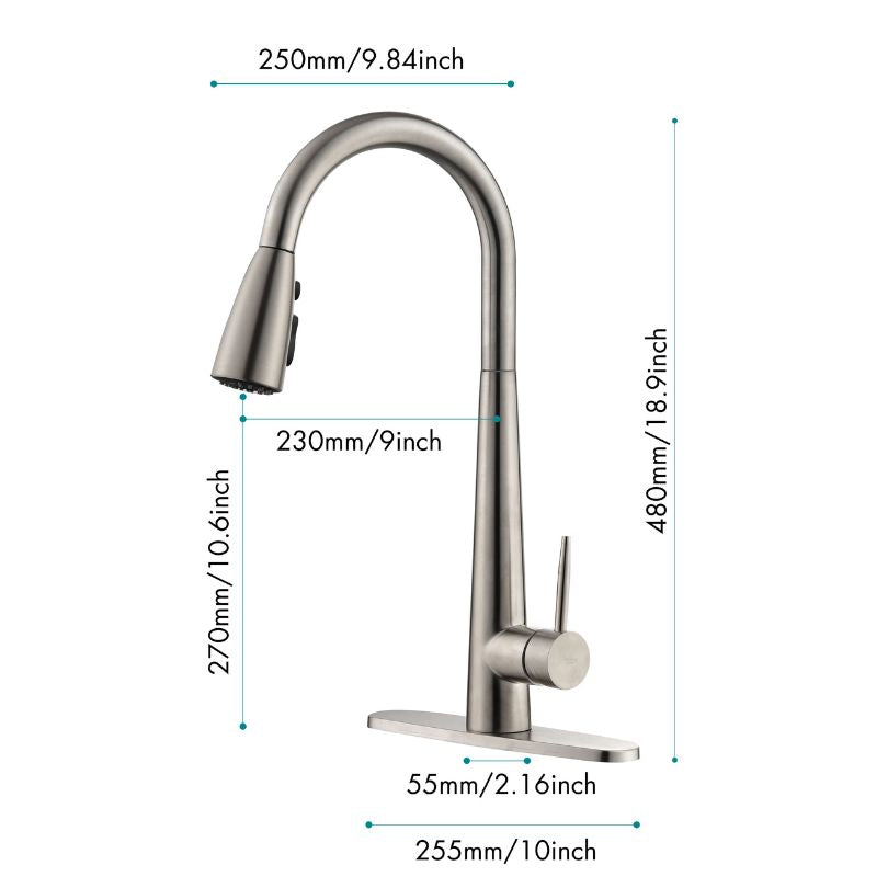 Brushed nickel high arc kitchen faucet showcasing its modern design and pull-down sprayer.