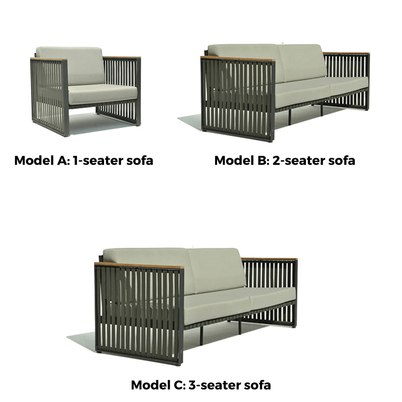 The Horizon Modern Outdoor Sofa Set arranged for relaxation, featuring deep cushions in a sunny outdoor environment.