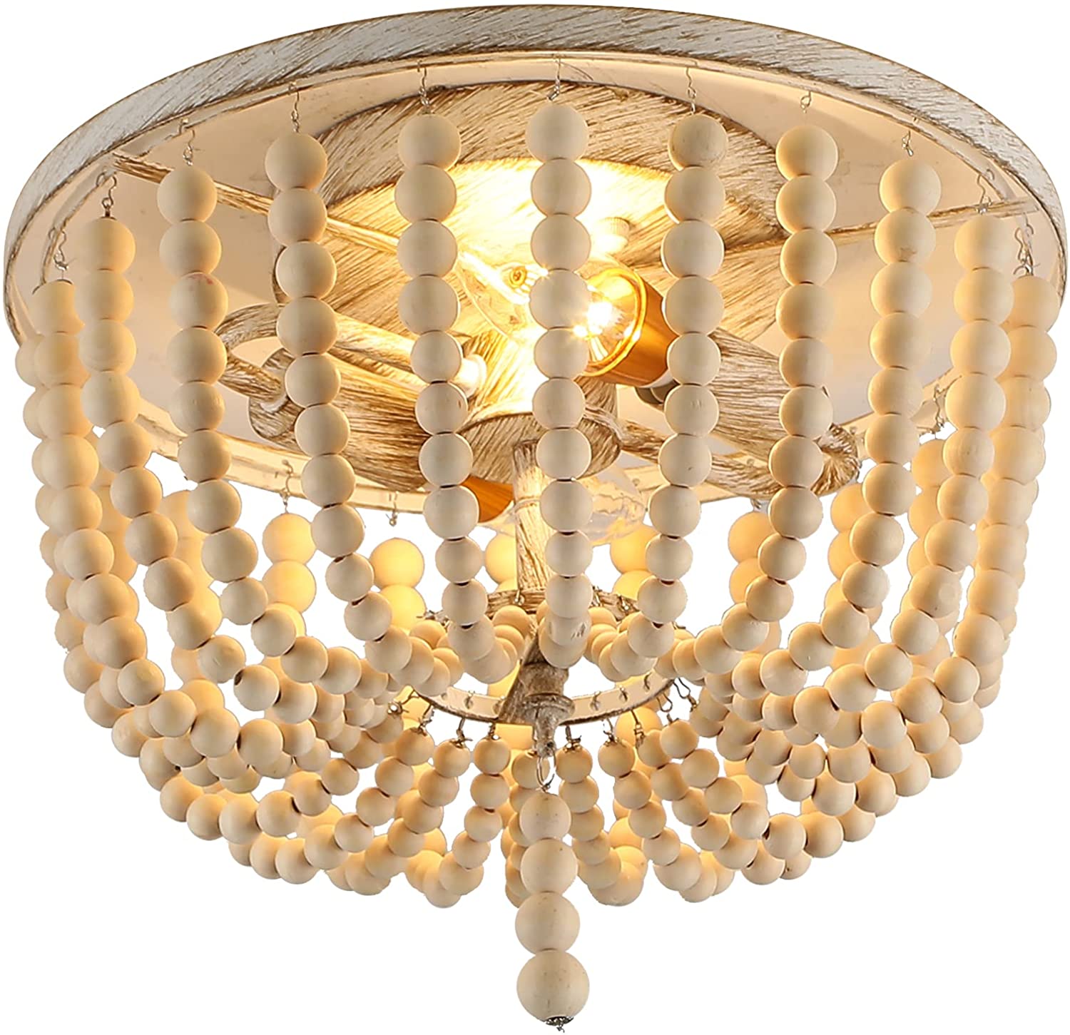 Close-up of beige wood beads and metal accents on the ceiling light.
