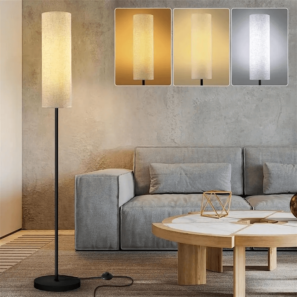 Black iron pole of the modern floor lamp paired with an E26 bulb, highlighting design details.