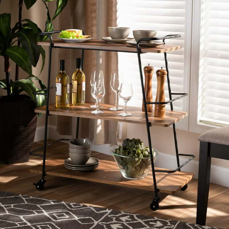 Urban Luxe Mobile Wine Bar Cart with black metal frame and walnut wood shelves, perfect for entertaining and showcasing wine.
