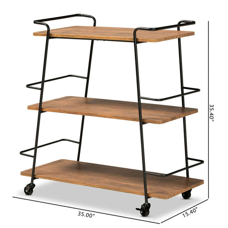 Urban Luxe Mobile Wine Bar Cart with black metal frame and walnut wood shelves, perfect for entertaining and showcasing wine.