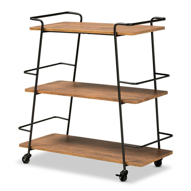 Urban Luxe Mobile Wine Bar Cart with black metal frame and walnut wood shelves, perfect for entertaining and showcasing wine.