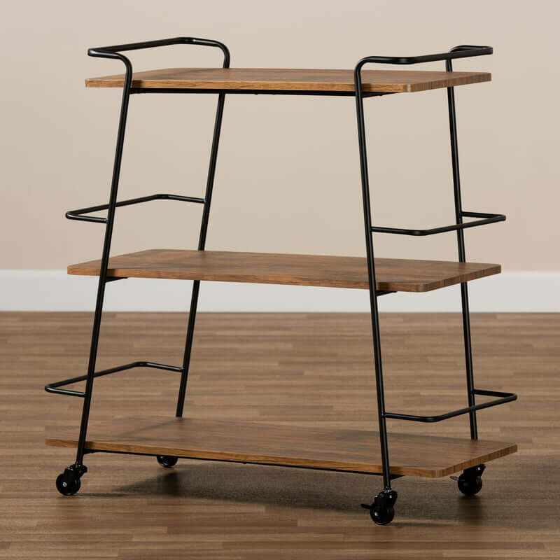 Close-up of the Urban Luxe Mobile Wine Bar Cart wheels, highlighting its smooth mobility and industrial design.
