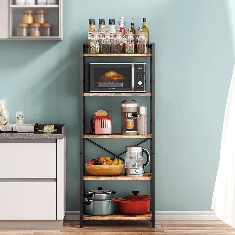Chic industrial kitchen shelving unit with baked goods displayed.