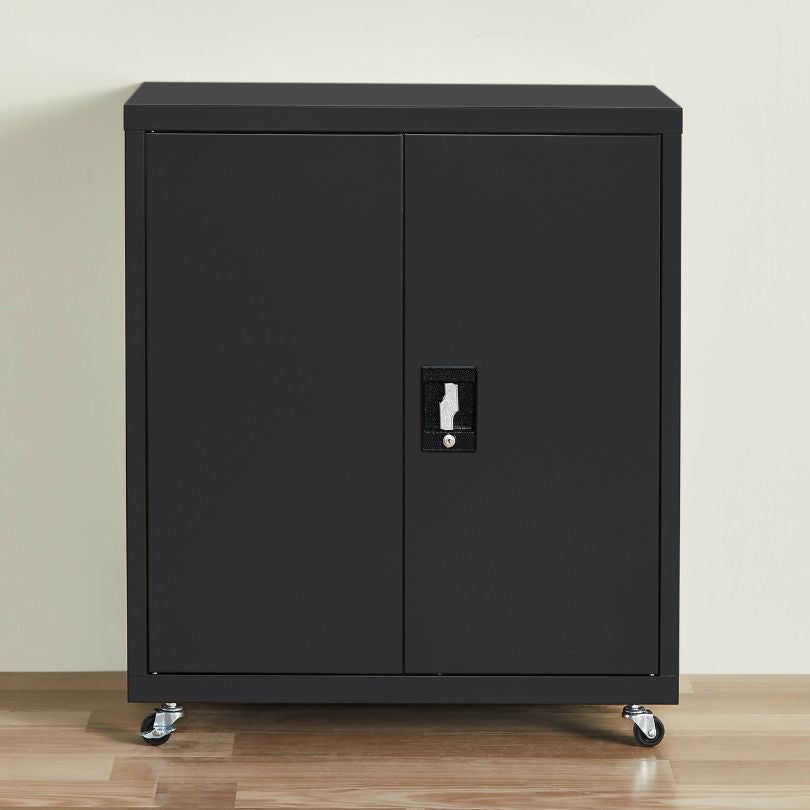 Front view of the urban industrial black filing cabinet showcasing adjustable shelves.