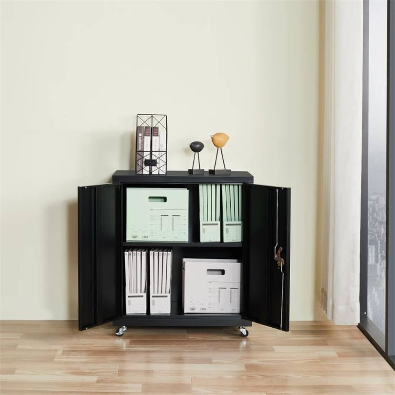 Interior view of the adjustable shelf inside the black filing cabinet, perfect for organizing documents.