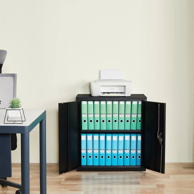 Front view of the urban industrial black filing cabinet showcasing adjustable shelves.