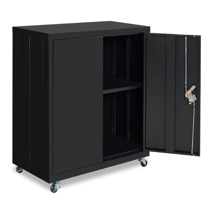 Interior view of the adjustable shelf inside the black filing cabinet, perfect for organizing documents.