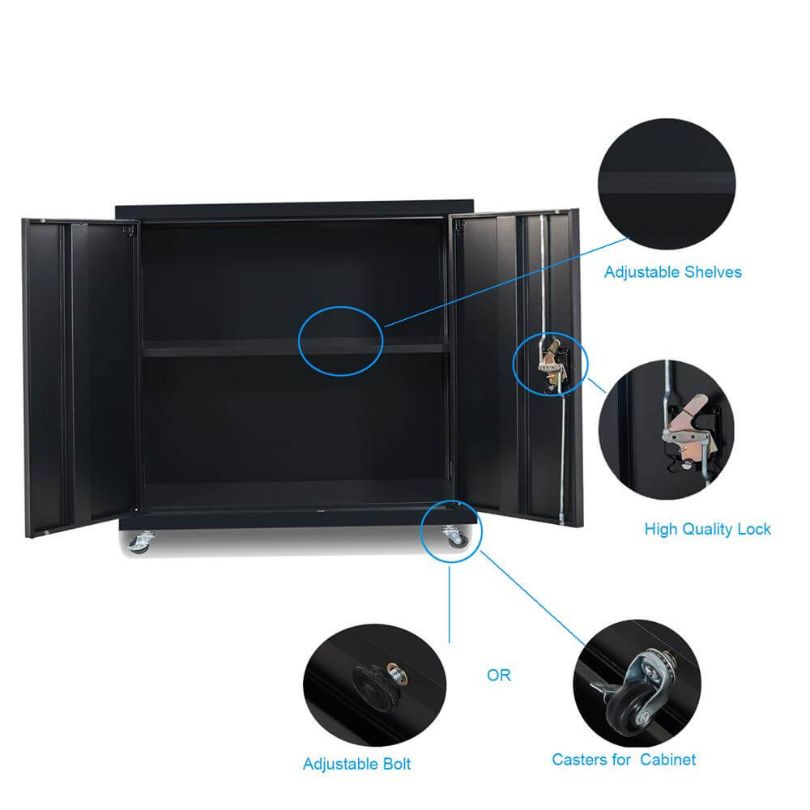 Interior view of the adjustable shelf inside the black filing cabinet, perfect for organizing documents.