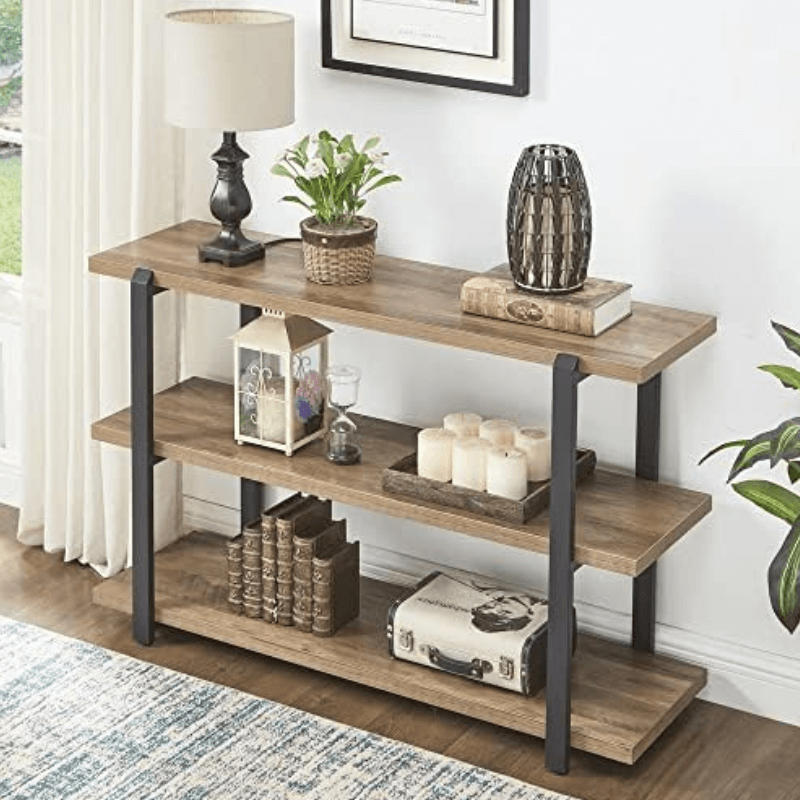 Console table placed in an entryway, highlighting its rustic charm and functionality.