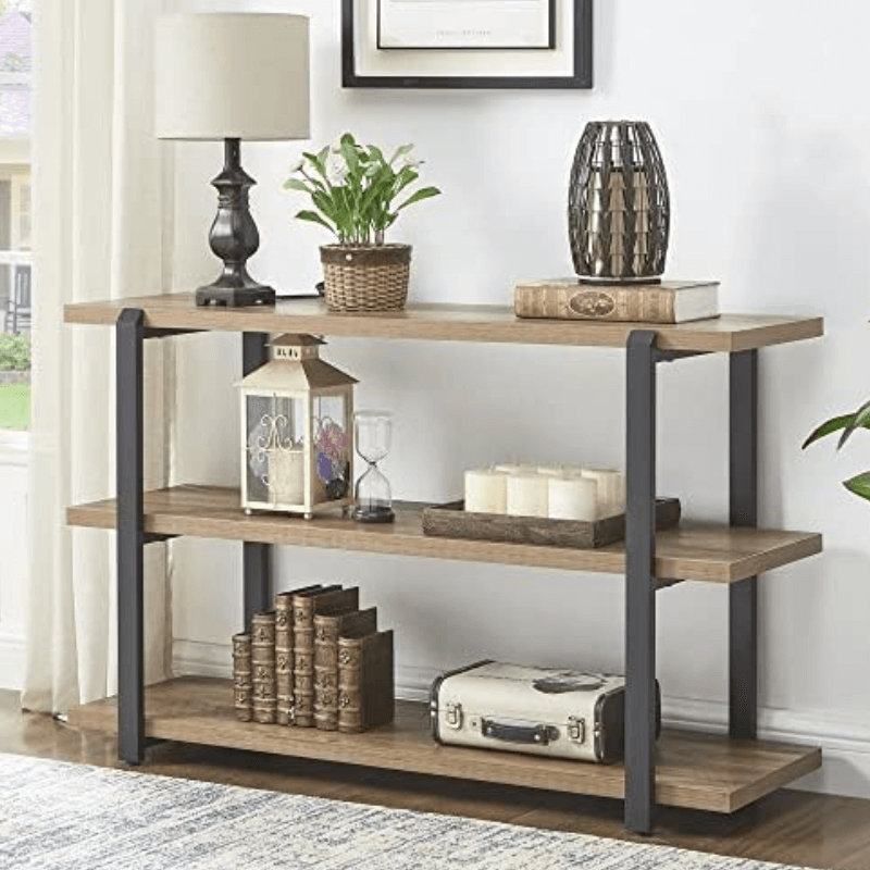 Rustic industrial console table showcasing the open shelves from a side angle.