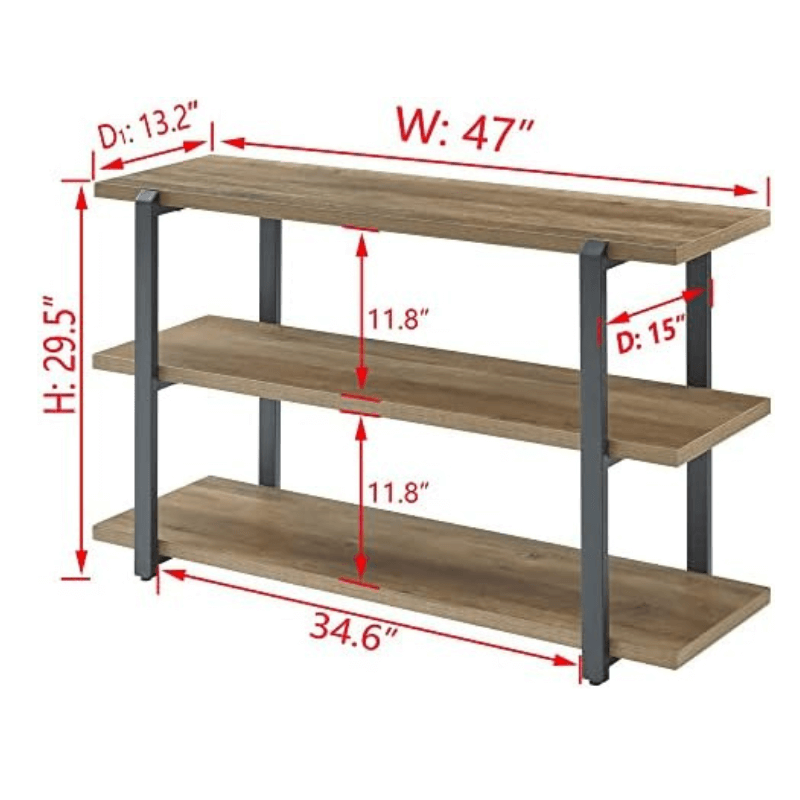 Rustic industrial console table showcasing the open shelves from a side angle.