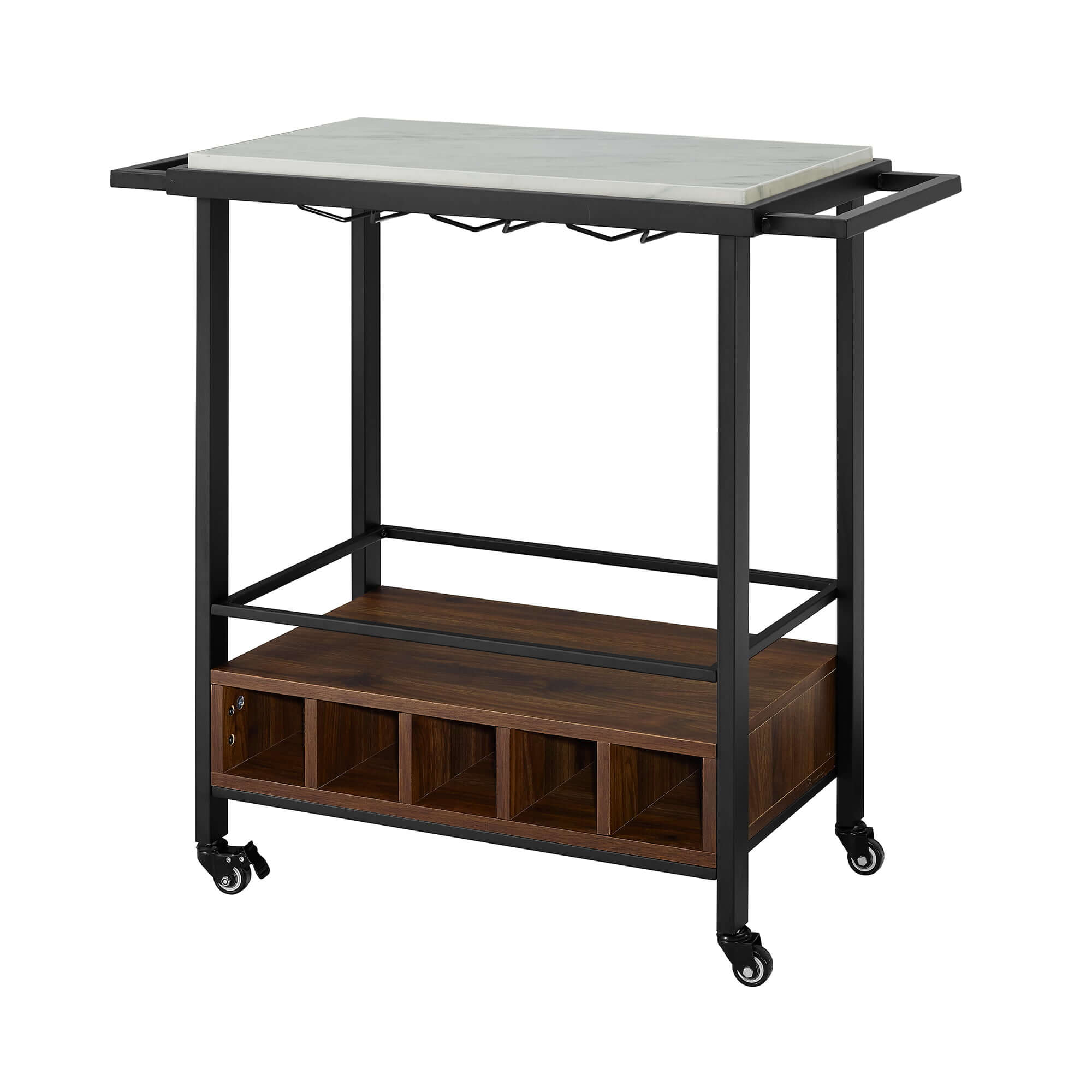 Close-up of the top view of the Industrial Serving Cart, showcasing the marble finish