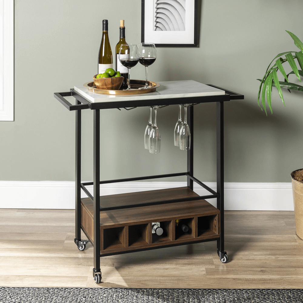 Industrial Marble & Walnut Serving Cart with open storage and wheels