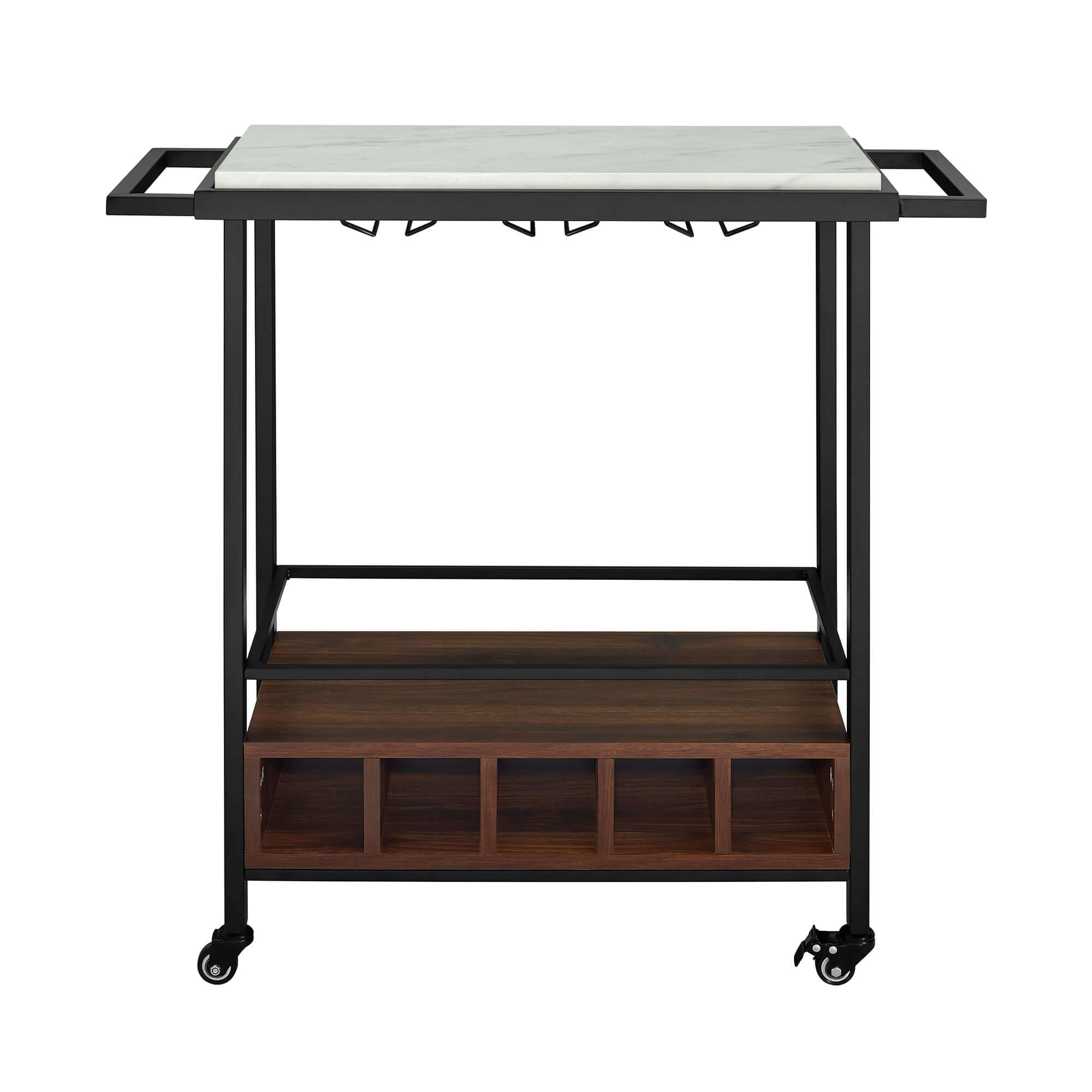Industrial Marble & Walnut Serving Cart with open storage and wheels