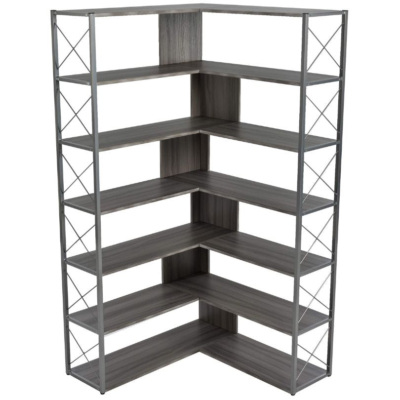 Corner view of the industrial bookcase in a modern interior, showcasing its space-saving capability.