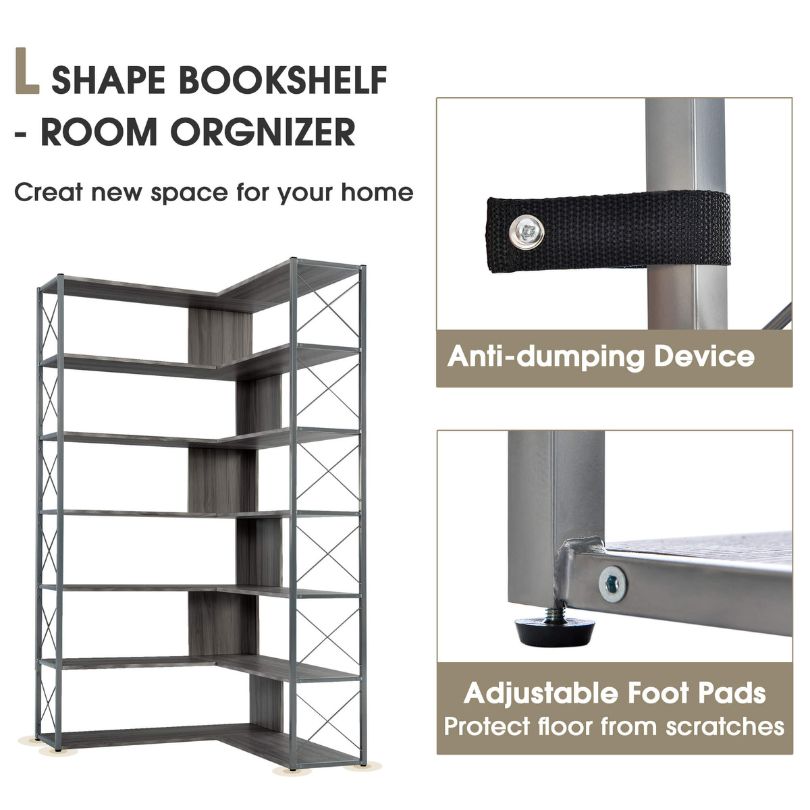Corner view of the industrial bookcase in a modern interior, showcasing its space-saving capability.