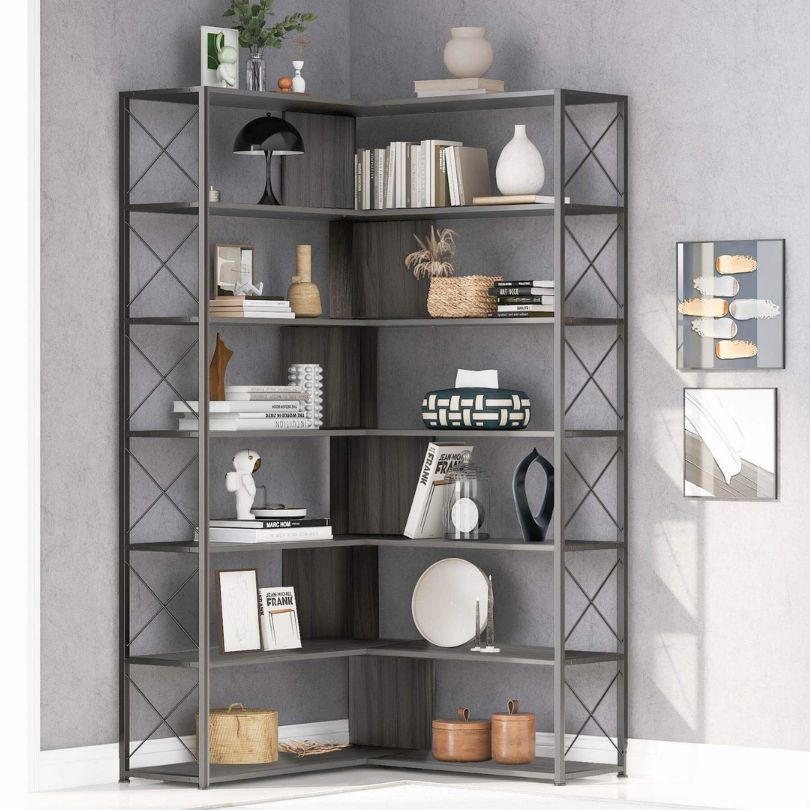Close-up of the seven-tier metal bookcase highlighting its sturdy construction and sleek design.