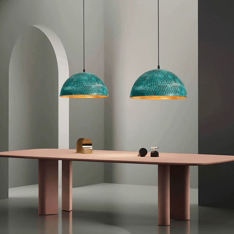 Urban Industrial Steel Pendant Light showcasing its vibrant green finish from a side angle.