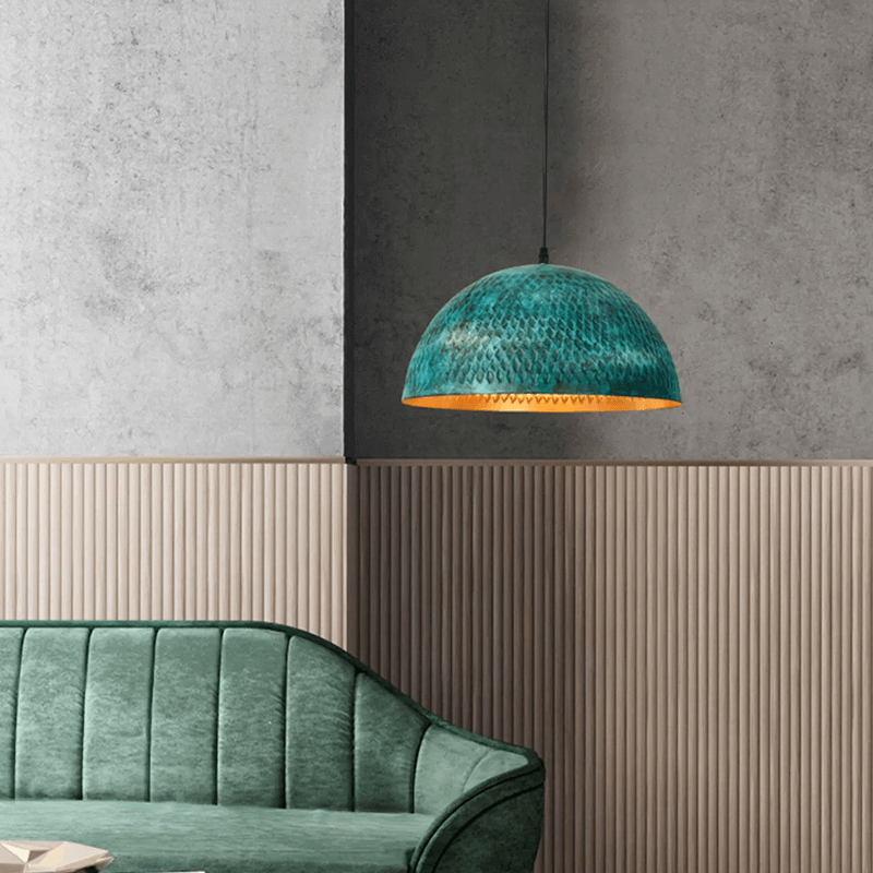 Urban Industrial Steel Pendant Light illuminating a cozy cafe setting.