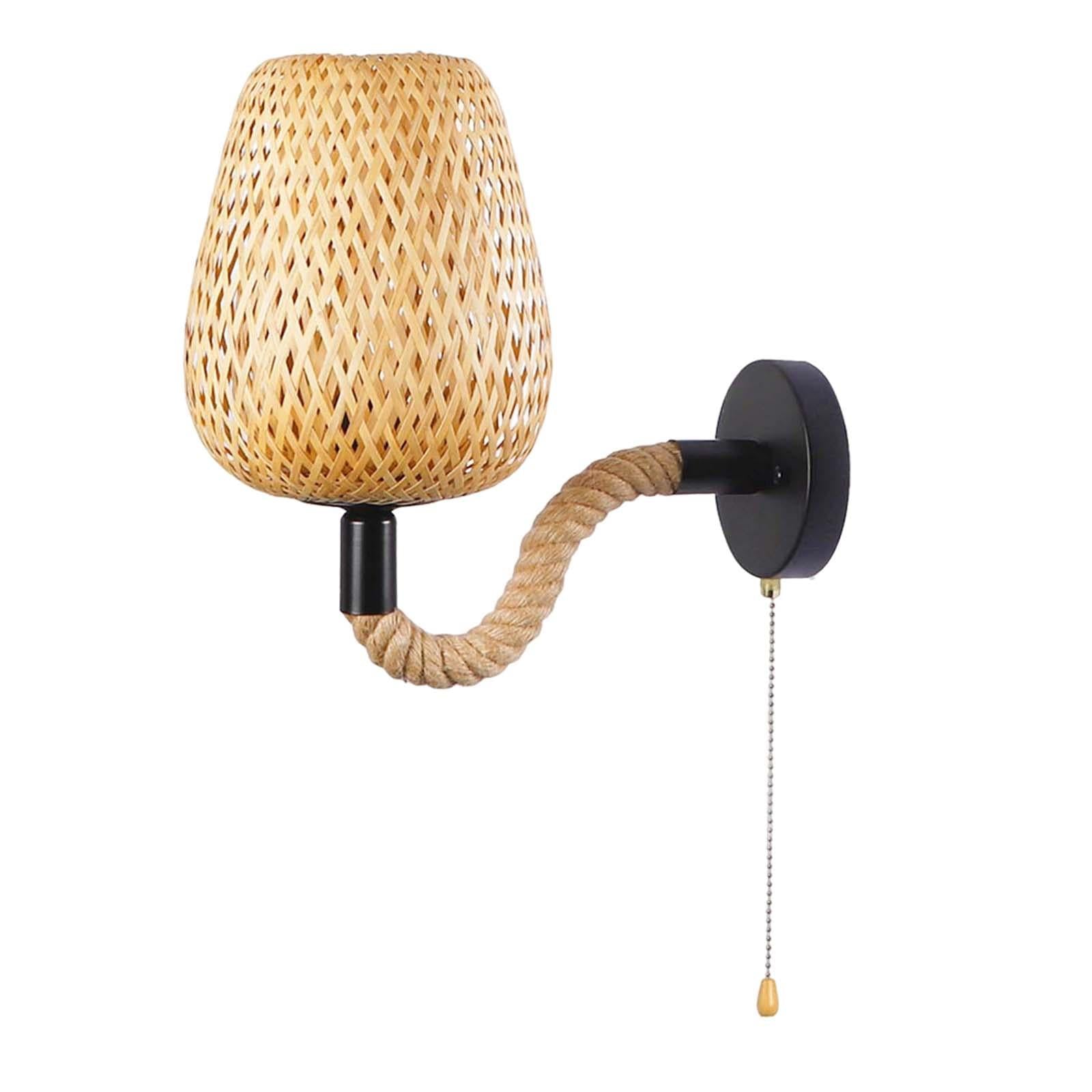 Angled view of bamboo rattan wall light mounted beside a reclaimed wood shelf