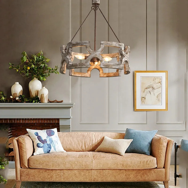 Angle view of the Rustic Elegance Wood LED Chandelier showcasing its rustic finish and design.