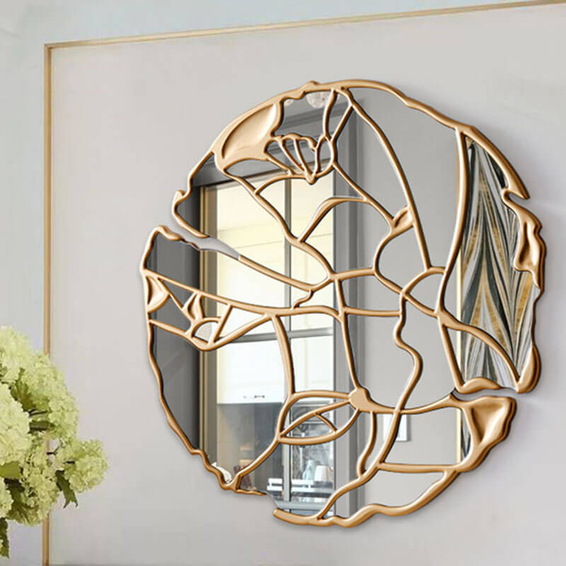 Chic irregular luxury wall mirror showcasing a cracked effect in a modern living room.