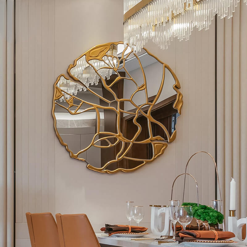 Chic irregular luxury wall mirror showcasing a cracked effect in a modern living room.