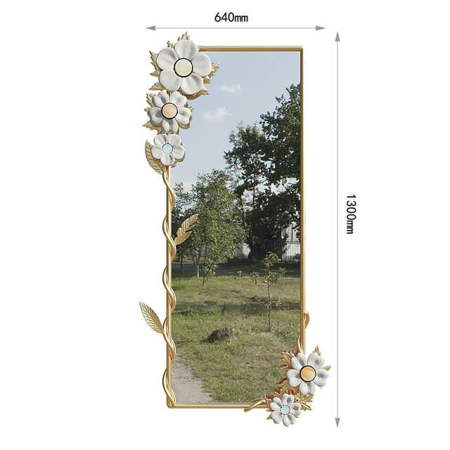 Close-up of the intricate macrame details on the full-length mirrors frame.