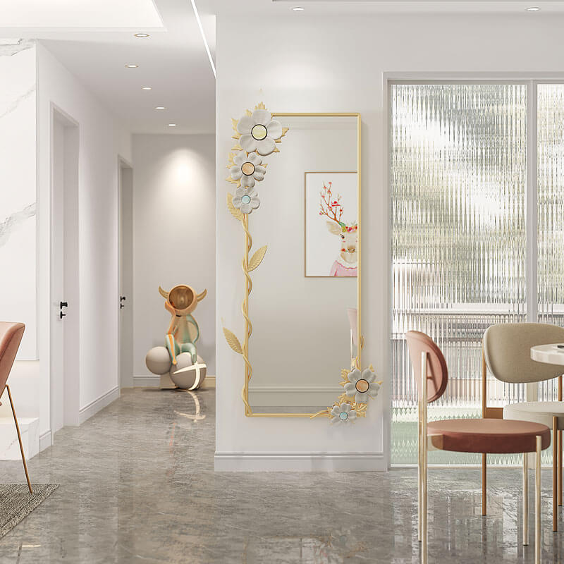 Elegant macrame metal frame full-length mirror displayed in a chic living room.