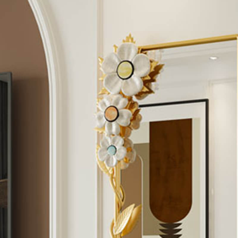 Elegant macrame metal frame full-length mirror displayed in a chic living room.