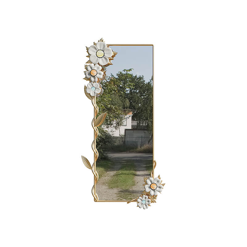 Elegant macrame metal frame full-length mirror displayed in a chic living room.
