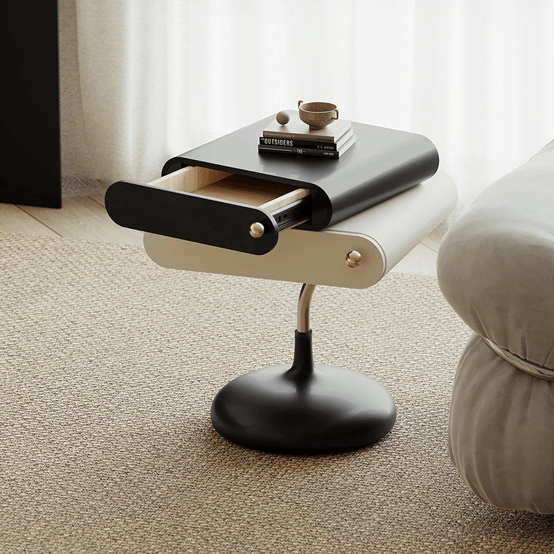 Side angle of the minimalist side table with storage drawers, highlighting its compact size for small spaces.