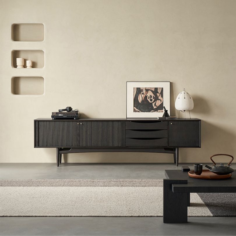 Italian style solid wood TV stand showcasing three drawers and a sleek design
