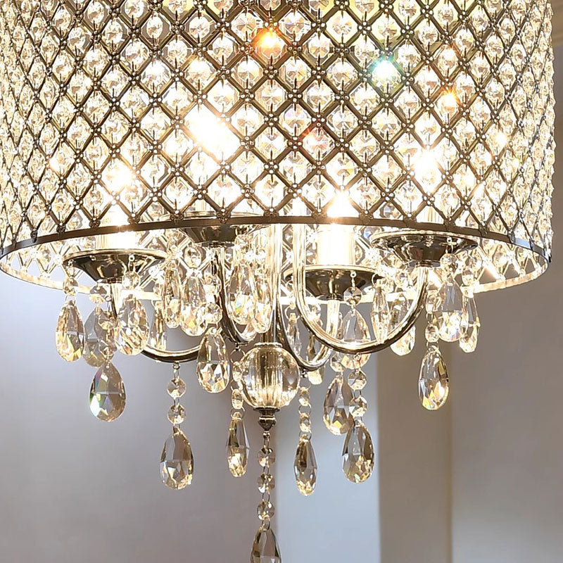 Elegant vintage drum shade crystal chandelier showcasing its unique design