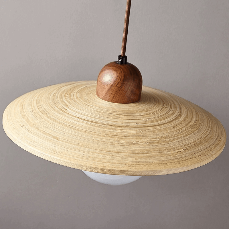 Close-up of the natural bamboo finish on the Japandi chandelier.