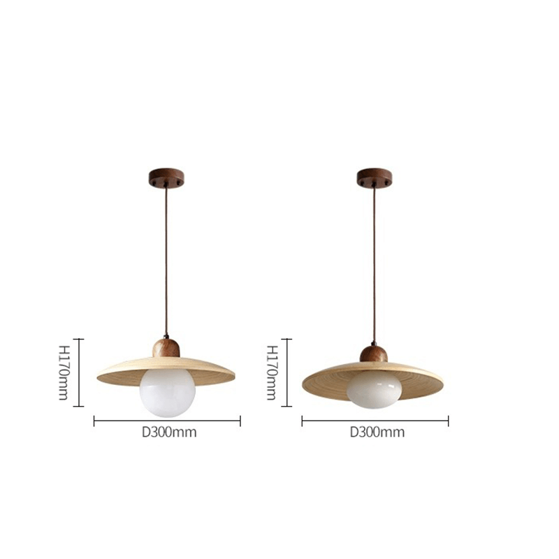 Elegant Japandi wooden shade chandelier hanging in a cozy cafe.