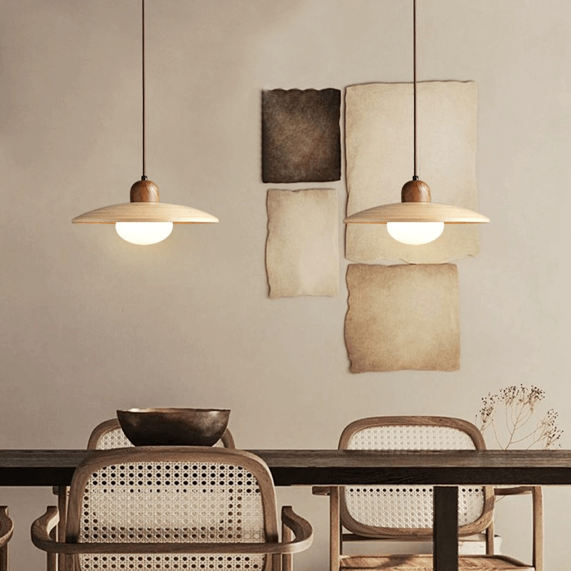 Close-up of the natural bamboo finish on the Japandi chandelier.