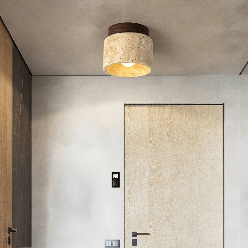 Japanese Round Travertine Ceiling Light showcasing its elegant design from an angle.