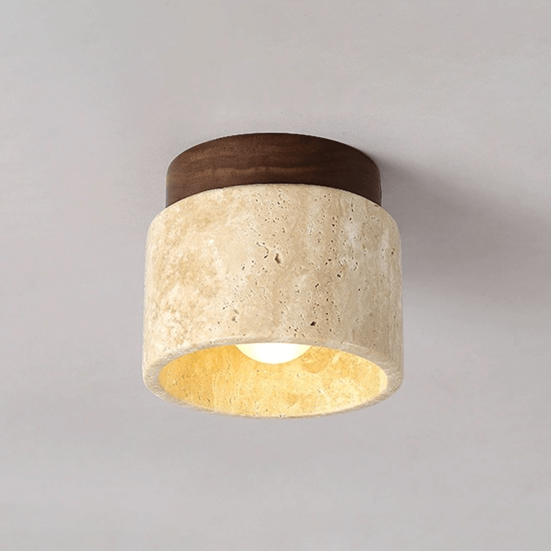 Close-up of the travertine shade highlighting its unique veining patterns.