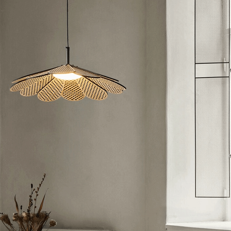 Close-up view of the rattan light highlighting its natural wood finish and elegant details.