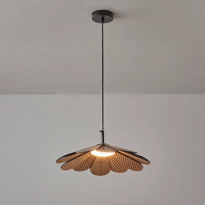 Rattan chandelier displayed in a stylish living room, enhancing the decor with soft illumination.