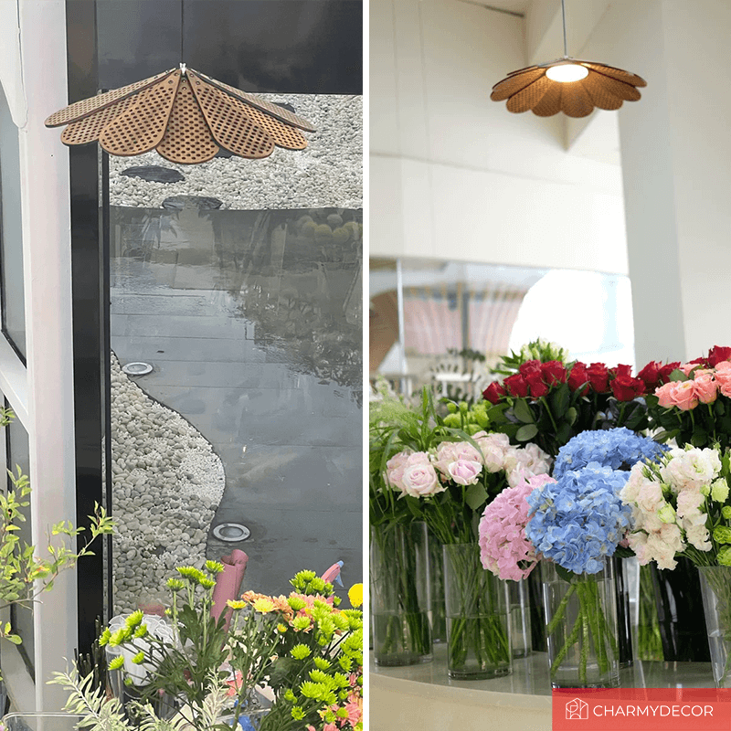 Elegant Japanese rattan flower chandelier showcasing intricate design and warm light.