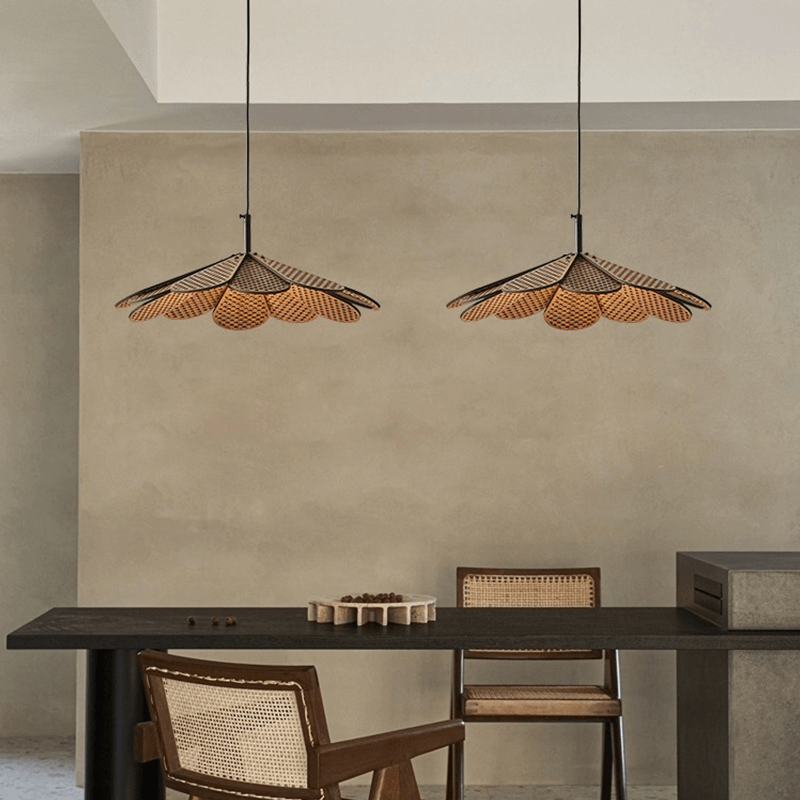 Rattan chandelier displayed in a stylish living room, enhancing the decor with soft illumination.
